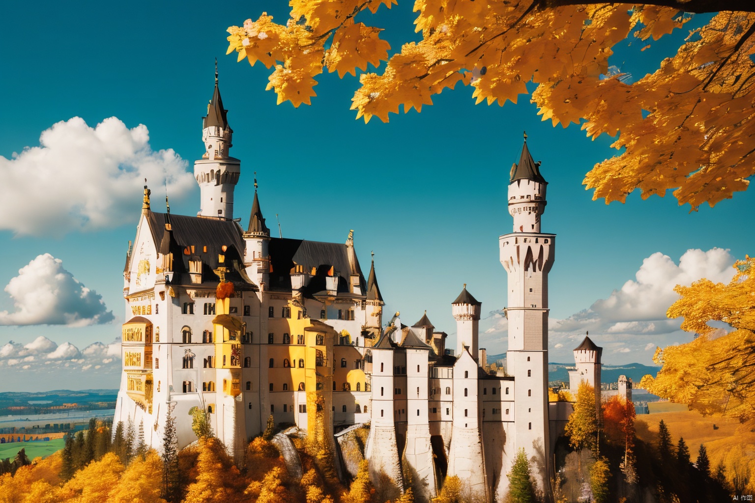 Neuschwanstein,castle,outdoors,sky,,day,yellow-red-orange cloud,tree,blue sky,no humans,building,nature,spring, Light master, FANTASY