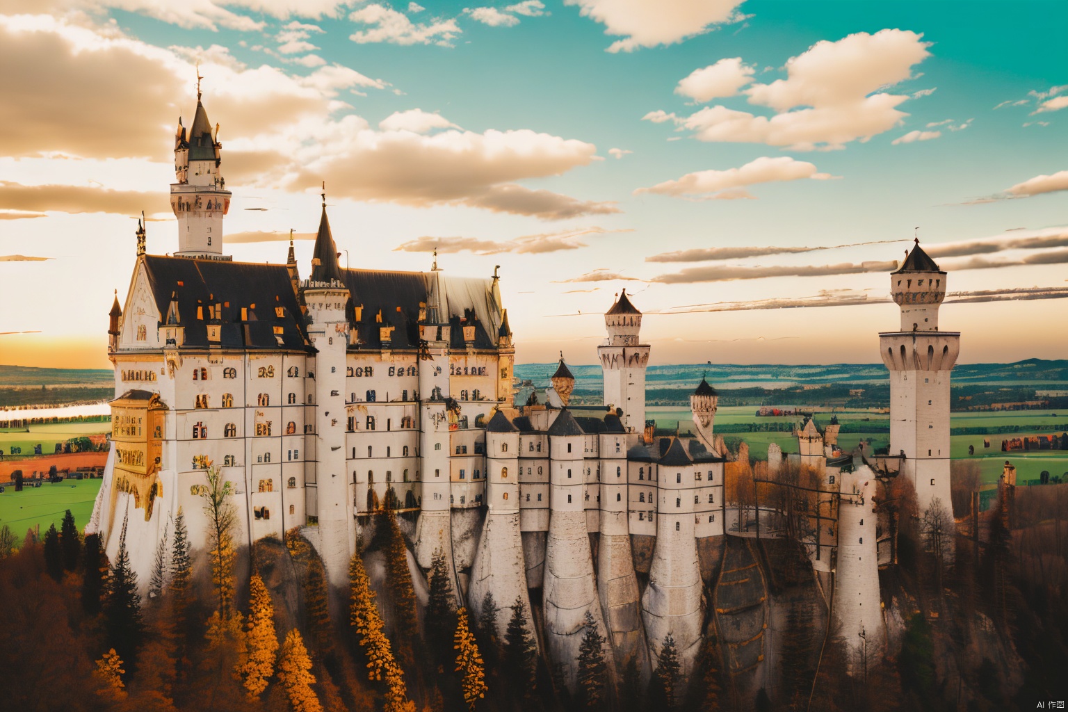 Neuschwanstein,castle,outdoors,sky,,day,yellow-red-orange cloud,tree,blue sky,no humans,building,nature,spring, Light master, FANTASY