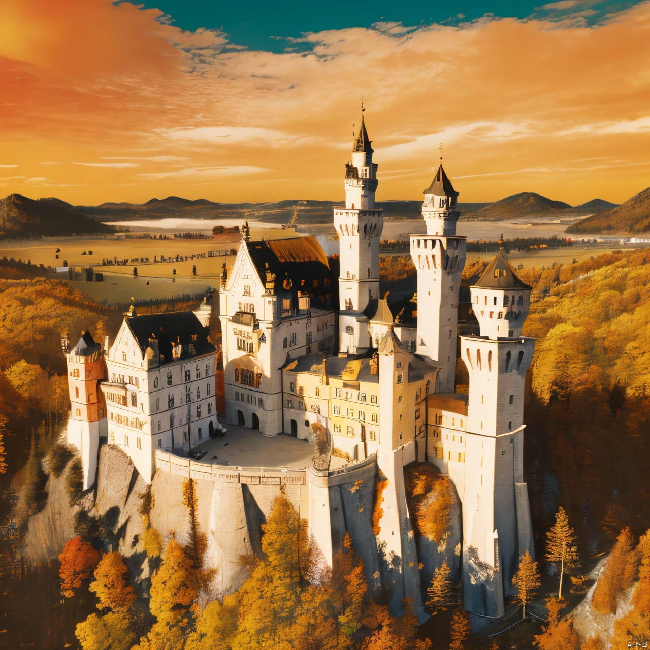 Neuschwanstein,castle,outdoors,sky,,day,yellow-red-orange cloud,tree,blue sky,no humans,building,nature,autumn, Light master
