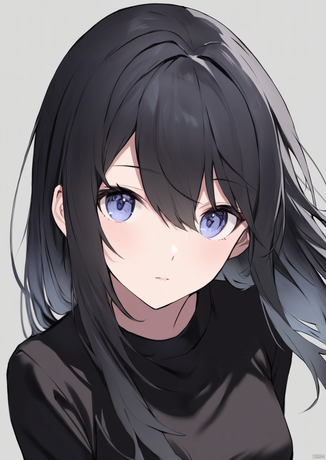 solo,highly detailed,(best quality),((masterpiece)),1girl,black hair,((simple_background)),long hair,looking_at_viewer,solo_focus,jichanxi,looking at viewer,long sleeves,upper_body,(black clothes),hair between eyes,bunches, ji,