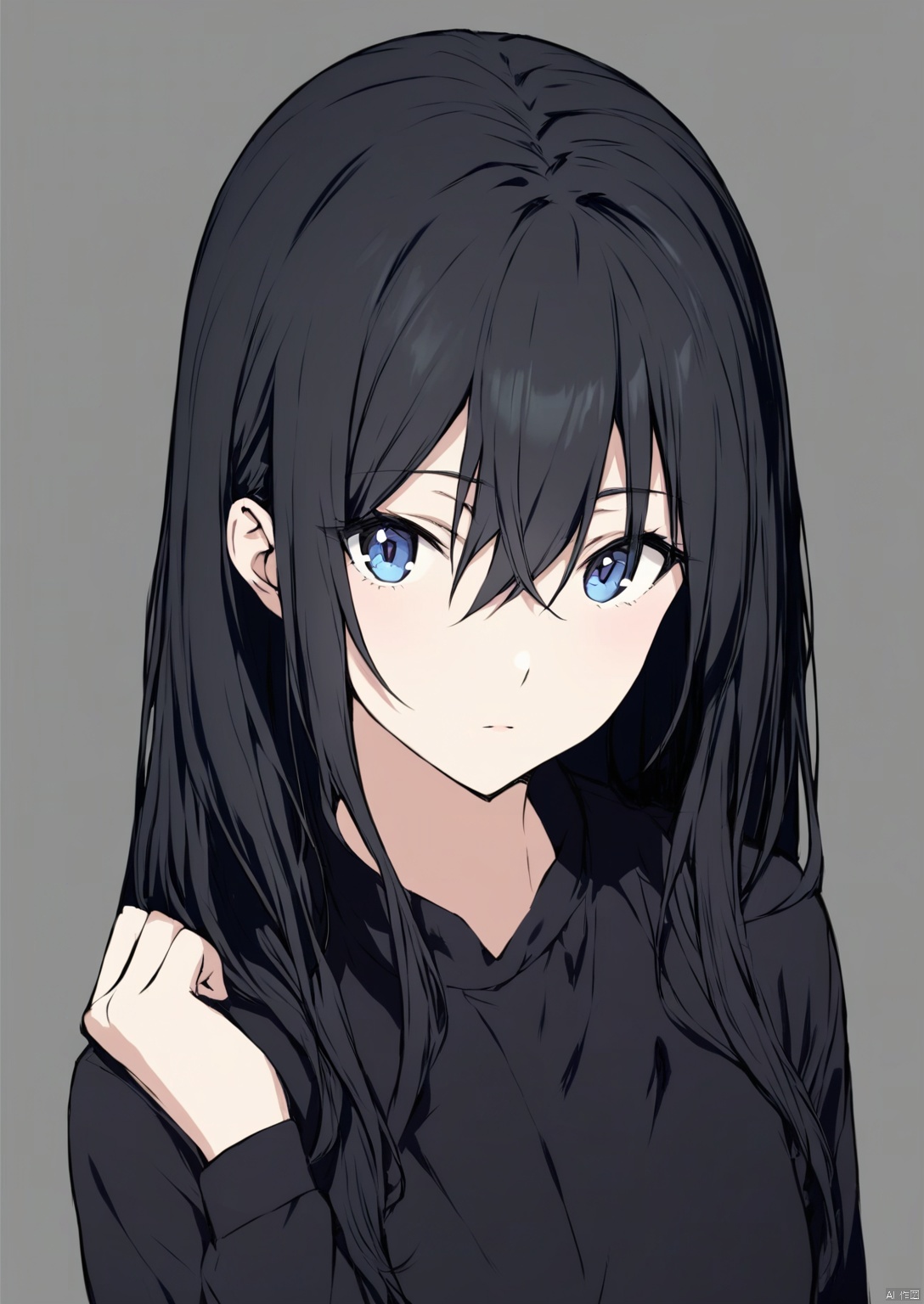 solo,highly detailed,(best quality),((masterpiece)),1girl,black hair,((simple_background)),long hair,looking_at_viewer,looking at viewer,long sleeves,upper_body,(black clothes),hair between eyes,bunches, ji,