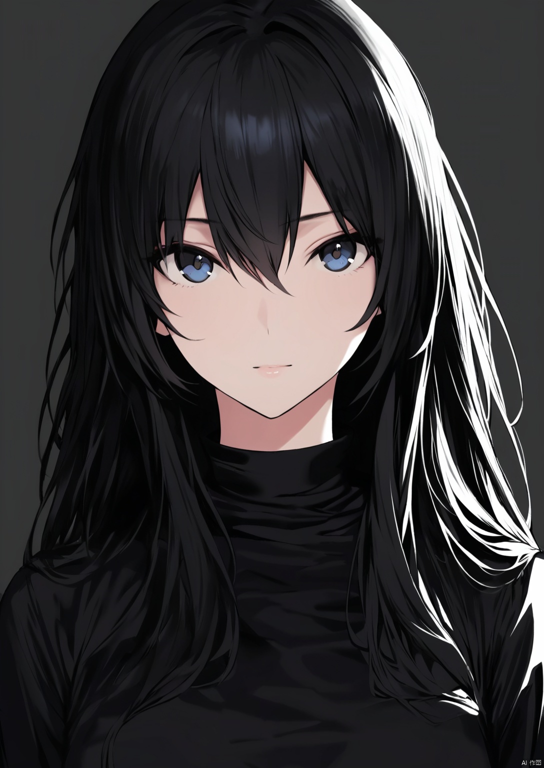 solo,highly detailed,(best quality),((masterpiece)),1girl,black hair,((simple_background)),long hair,looking_at_viewer,looking at viewer,long sleeves,upper_body,(black clothes),hair between eyes,bunches, ji,