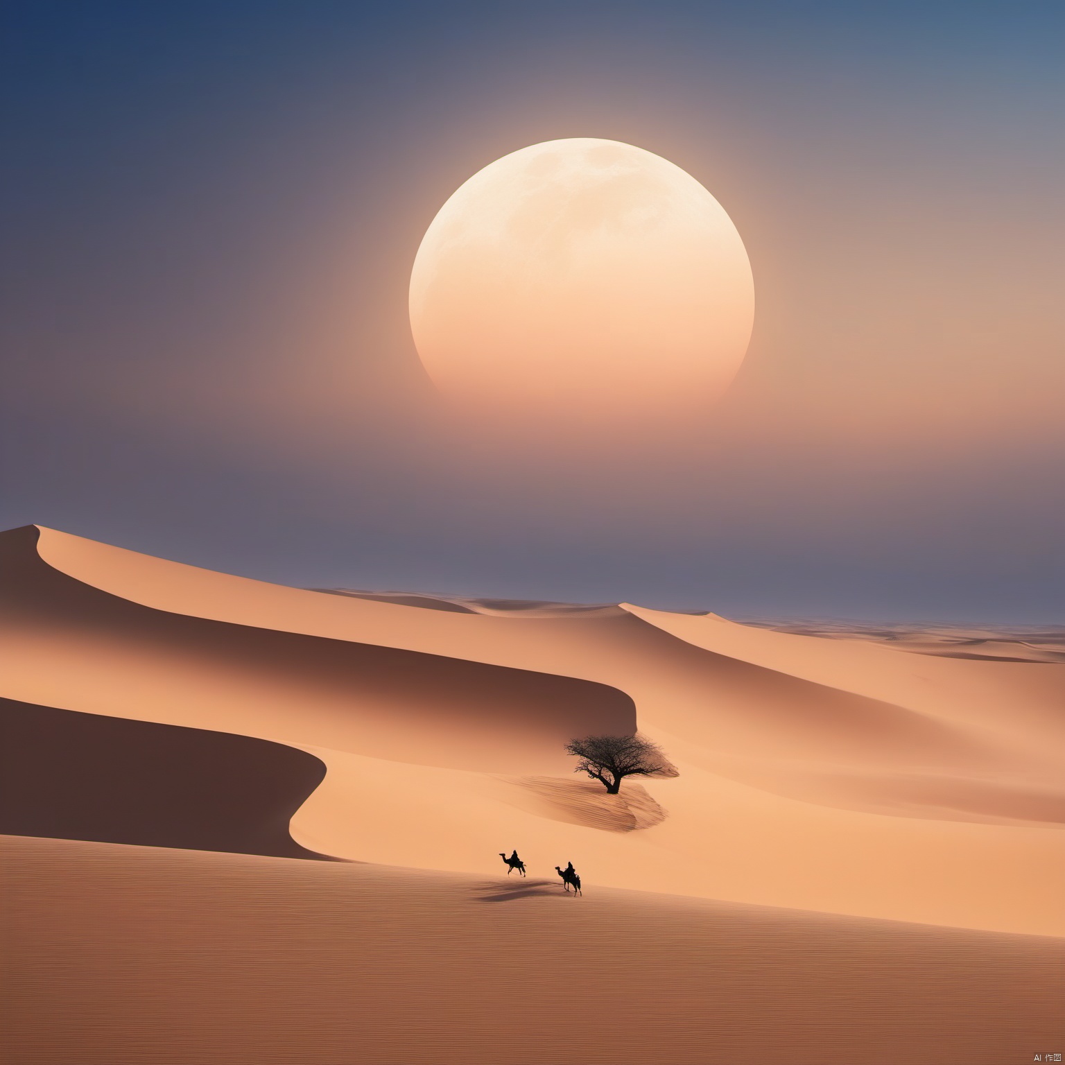 desert_sky,outdoors,sky,moon,scenery,desert,wide shot,animal, landscape, tang_hanfu, FANTASY