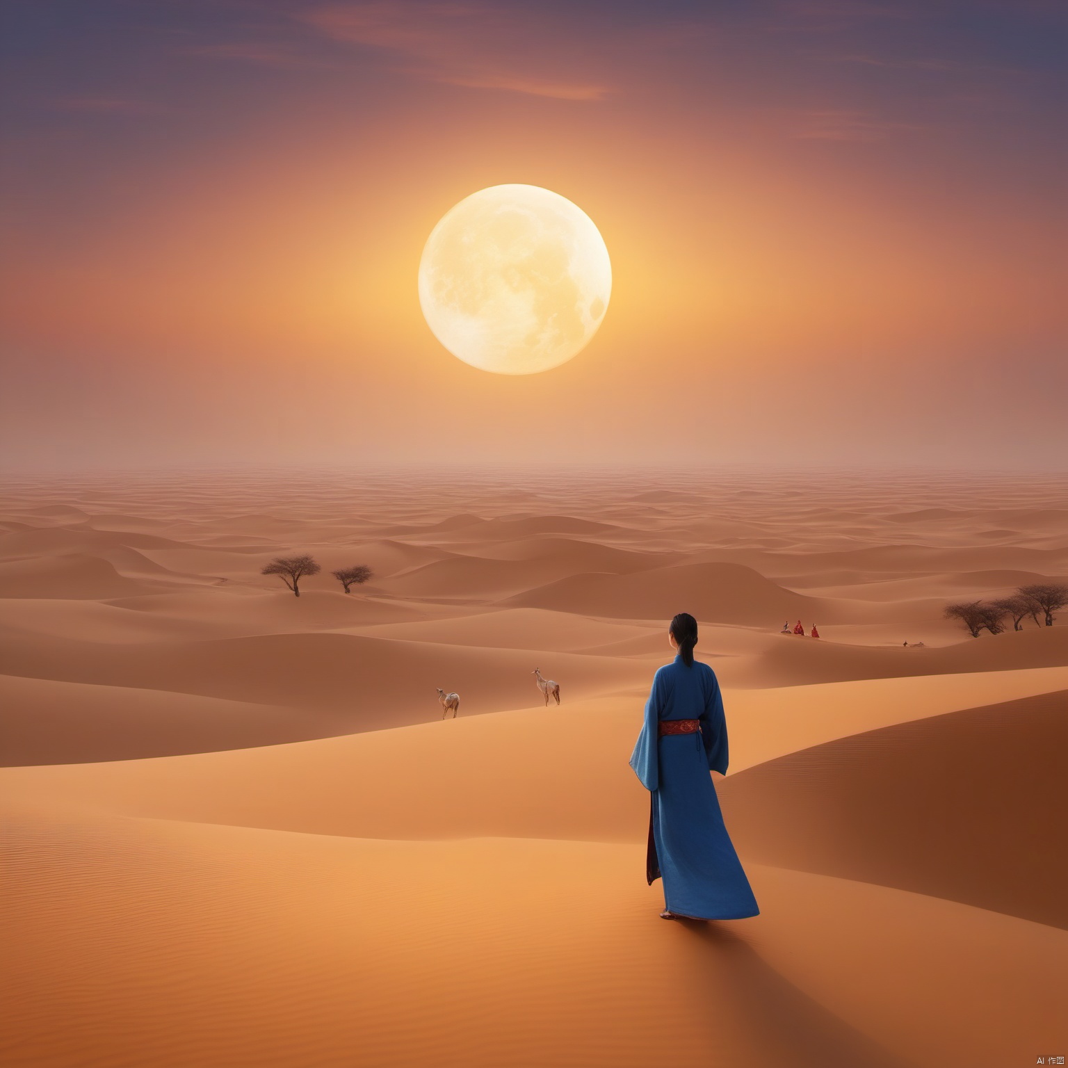 desert_sky,outdoors,sky,moon,scenery,desert,wide shot,animal, landscape, tang_hanfu, FANTASY