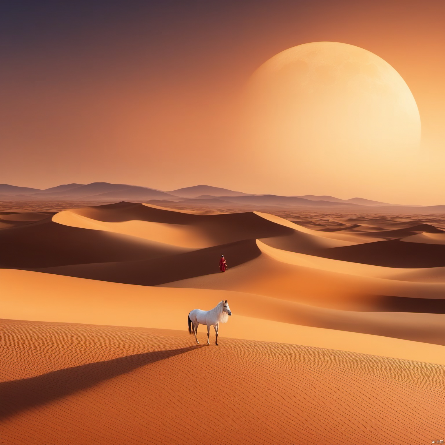 desert_sky,outdoors,sky,moon,scenery,desert,wide shot,animal, landscape, tang_hanfu, FANTASY