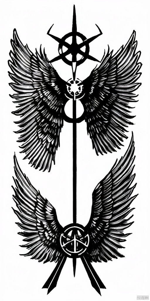 Asymmetric pattern, Metal wings, stars, cyberpunk, futurism, Rune used for decoration(0.2), Blanking of pattern, Aesthetic, tattoo draft, Sharp lines, straight line(0.7), white background, no humans, draft, slim pattern, Large area blank(2), masterpiece, extreme details, cyber sigilism(1),黑白画, pen drawing ,钢笔画, gothichorrorai