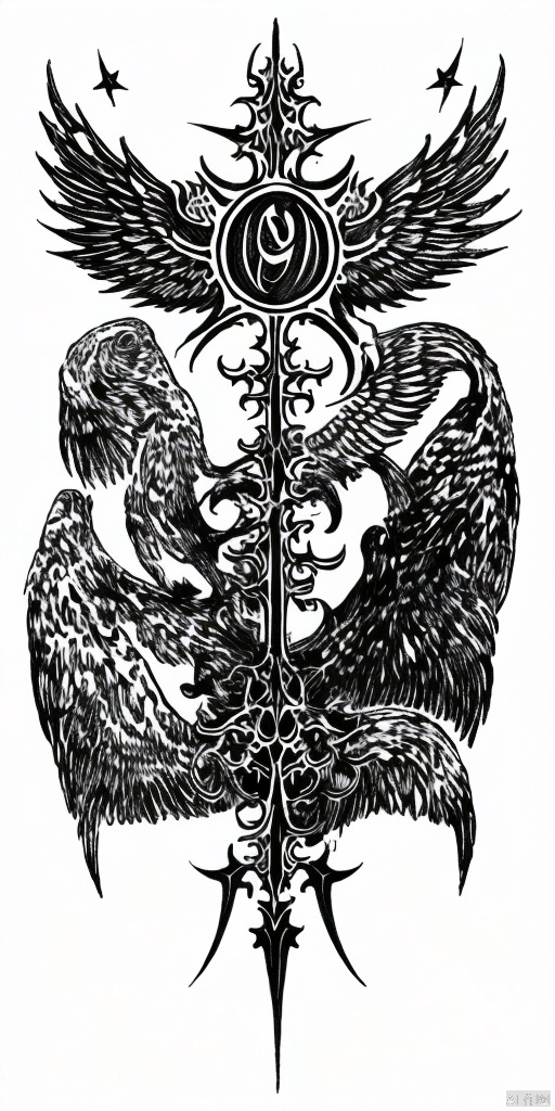 Asymmetric pattern, Metal wings, stars, cyberpunk, futurism, Rune used for decoration(0.2), Blanking of pattern, Aesthetic, tattoo draft, Sharp lines, straight line(0.7), white background, no humans, draft, slim pattern, Large area blank(2), masterpiece, extreme details, cyber sigilism(1),黑白画, pen drawing ,钢笔画, gothichorrorai