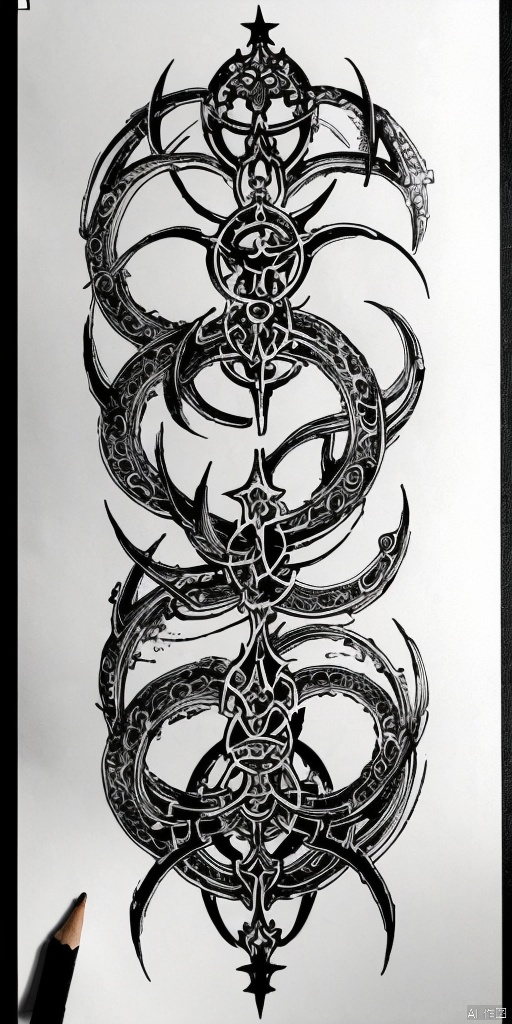Metal mechanical Part sketch, stars, cyberpunk, futurism, Rune used for decoration(0.2), Blanking of pattern, Aesthetic, tattoo draft, Sharp lines, slim line(0.7), white background, no humans, draft, slim pattern, Large area blank(2), masterpiece, extreme details, cyber sigilism(1),黑白画, pen drawing ,钢笔画, gothichorrorai,线条