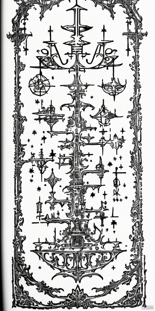 Science fiction, Metal mechanical parts, stars, cyberpunk, futurism, Rune used for decoration(0.2), Blanking of pattern, Aesthetic, tattoo draft, Sharp lines, slim line(0.7), white background, no humans, draft, slim pattern, Large area blank(2), masterpiece, extreme details, cyber sigilism(1),黑白画, pen drawing ,钢笔画, gothichorrorai