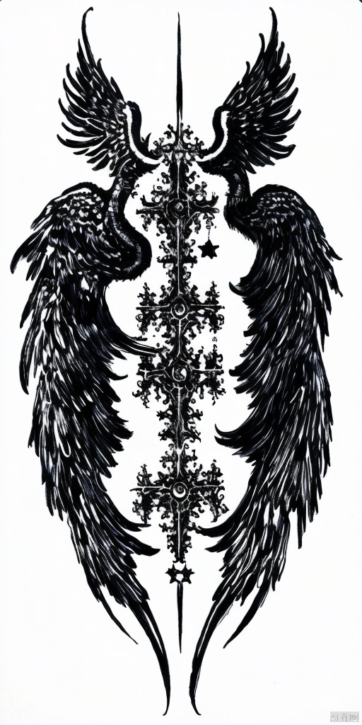 One side of evil wings, Metal mechanical parts, stars, cyberpunk, futurism, Rune used for decoration(0.2), Blanking of pattern, Aesthetic, tattoo draft, Sharp lines, slim line(0.7), white background, no humans, draft, slim pattern, Large area blank(2), masterpiece, extreme details, cyber sigilism(1),黑白画, pen drawing ,钢笔画, gothichorrorai,线条