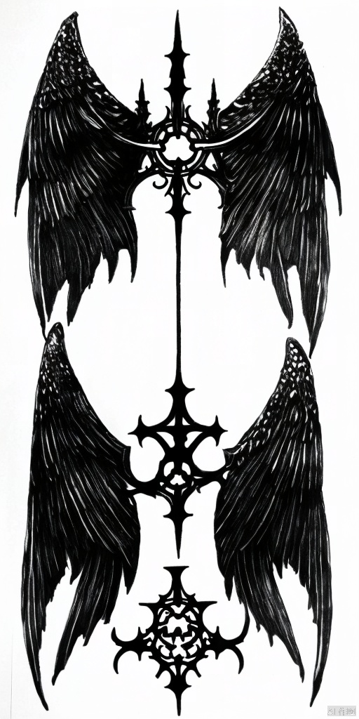 One side of evil wings, Metal mechanical parts, stars, cyberpunk, futurism, Rune used for decoration(0.2), Blanking of pattern, Aesthetic, tattoo draft, Sharp lines, slim line(0.7), white background, no humans, draft, slim pattern, Large area blank(2), masterpiece, extreme details, cyber sigilism(1),黑白画, pen drawing ,钢笔画, gothichorrorai,线条