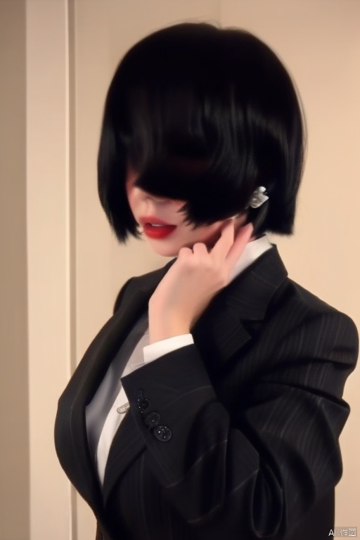 (Masterpiece, best quality: 1.2), secretary, kissing expression, wet sensual lips, , earrings ((black business clothes)), 8k