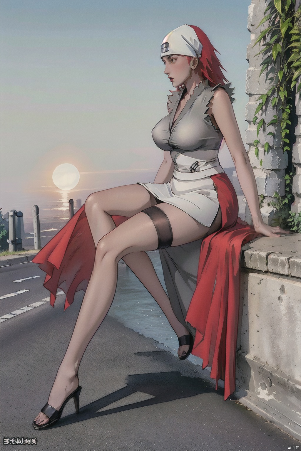  High resolution, master paintings, CG, wallpaper,
Sunshine, bright picture, soft picture,

1 Girl, solo, full body, long legs,

Short hair, (large breasts :1.3), blonde eyes, red hair, Ninja, turban, grey top, grey long skirt, mesh stockings,

Outdoor, street,kaluyi
