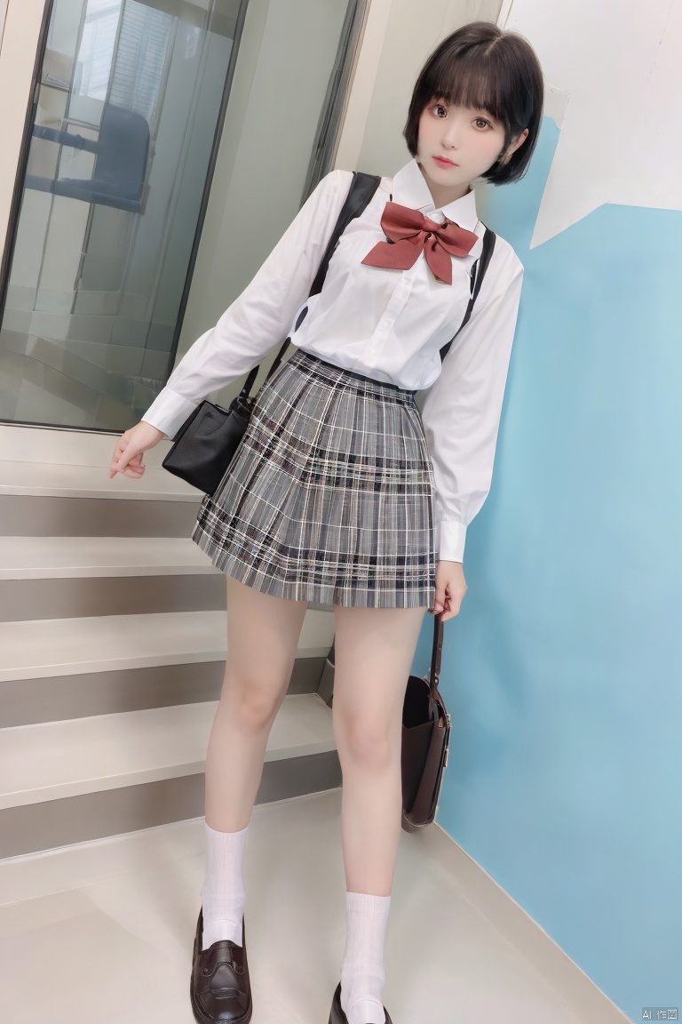 1girl, solo, looking at viewer, short hair, bangs, skirt, brown hair, shirt, black hair, long sleeves, bow, holding, brown eyes, school uniform, standing, full body, white shirt, pleated skirt, outdoors, shoes, day, socks, collared shirt, bowtie, bag, black footwear, lips, plaid, blue bow, plaid skirt, bob cut, black socks, loafers, stairs, realistic, shirt tucked in