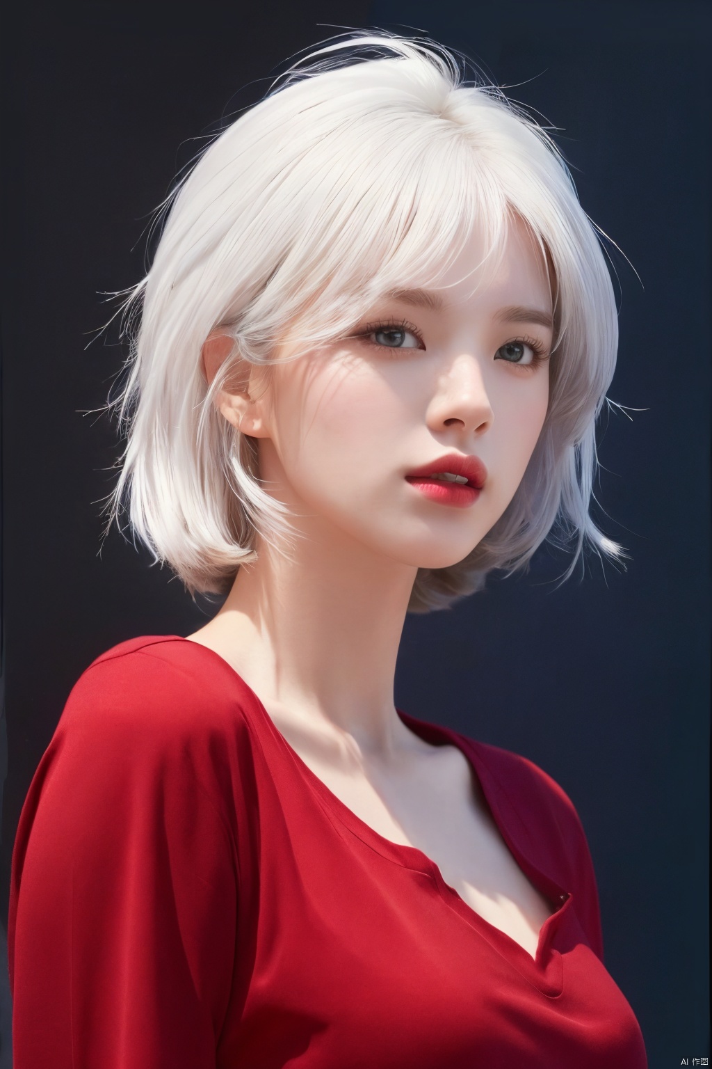 (4k, best quality, highres, absurdres, masterpiece:1.21), (realistic:1.331), detailed and intricate, 
1girl, white hair, red shirt, 