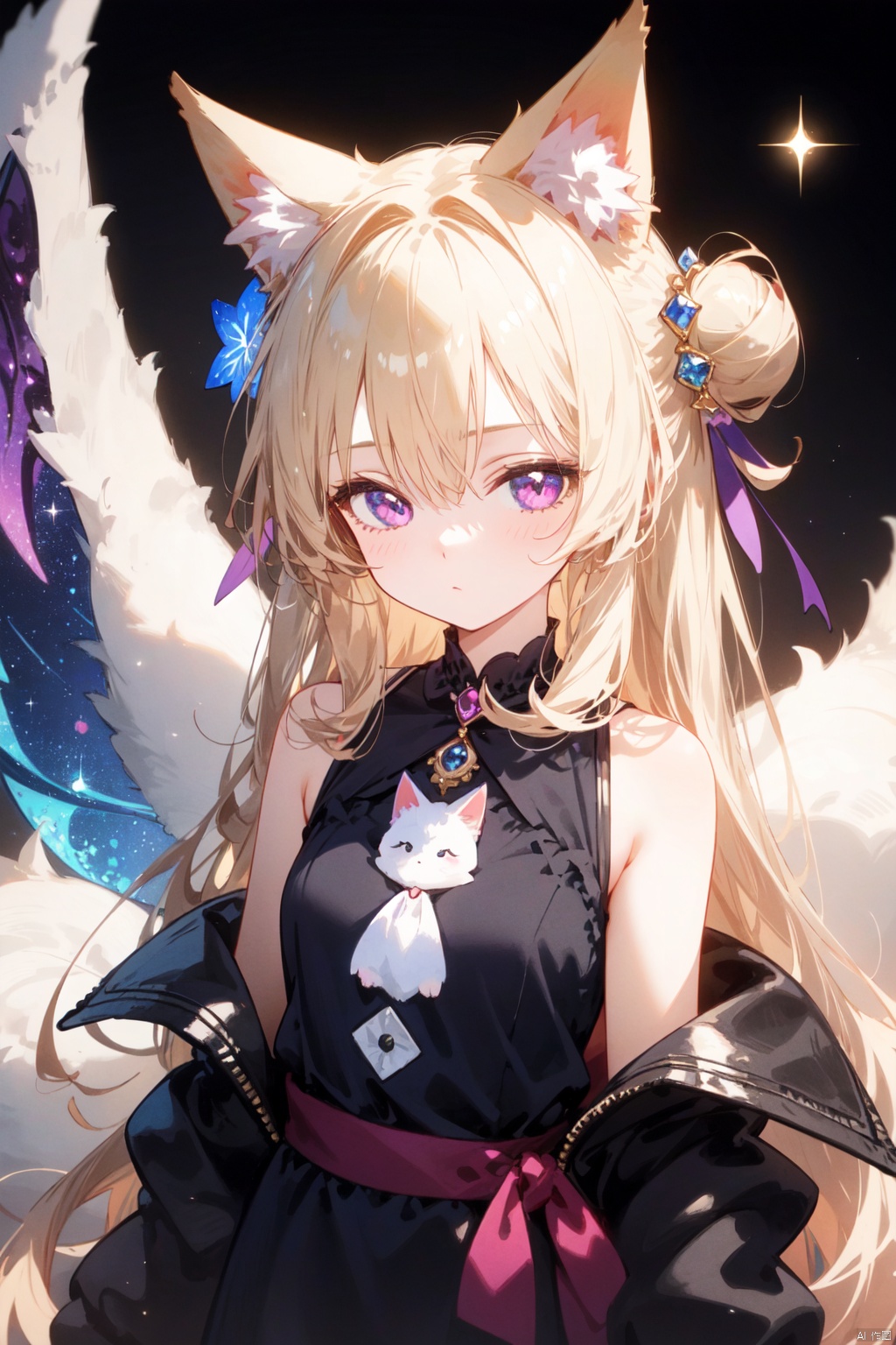 medium-B,kemomimi-chan_(naga_u),1girl, animal_ear_fluff, animal_ears, black_background, blonde_hair, blush, commentary_request, dark_side_of_the_moon, fox_ears, hair_between_eyes, hair_bun, hair_ornament, kemomimi-chan_\(naga_u\), looking_at_viewer, naga_u, original, pink_floyd, purple_eyes, rainbow, simple_background, solo, sparkle, v-shaped_eyebrows