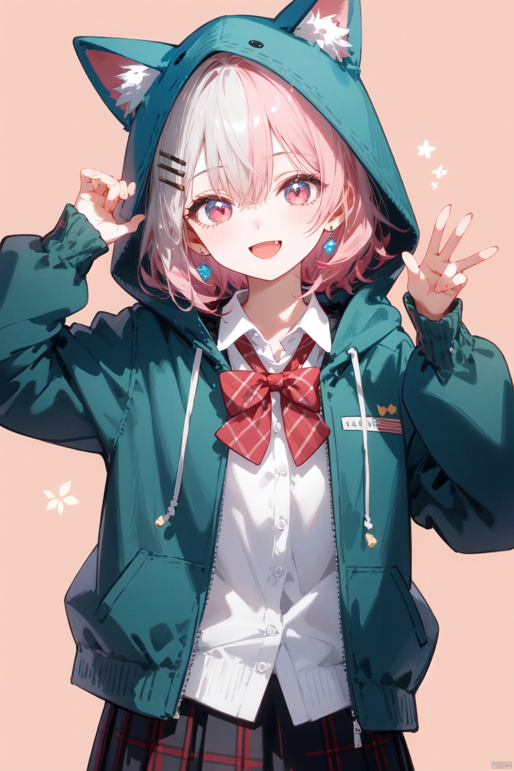 petite,1girl, solo, jewelry, hood, virtual_youtuber, animal_hood, sasaki_saku, skirt, earrings, hair_ornament, hairclip, open_mouth, fang, shirt, bow, smile, looking_at_viewer, green_skirt, jacket, multicolored_hair, hooded_jacket, pleated_skirt, plaid, blush, pink_hair, plaid_skirt, red_eyes, red_bow, bangs, long_sleeves, collared_shirt, hair_between_eyes, streaked_hair, bowtie, pink_background, pink_shirt, short_hair, :d, hood_up, white_jacket, simple_background, open_clothes, animal_ears, red_bowtie, white_hair, dress_shirt