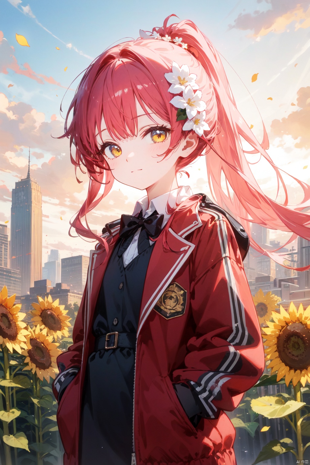 (masterpiece),(best quality),(loli：1.2),(petite:1.2),long hair,Pink hair,Yellow eyes, (red Jacket),high ponytail,white collared shirt,hair flower,fipped hair,floating hair,Frown,hands in pockets,black dress,red bowtie,(solo),sky, skyline, skyscraper, smile, solo, sunflower, tower, upper_body,white flower