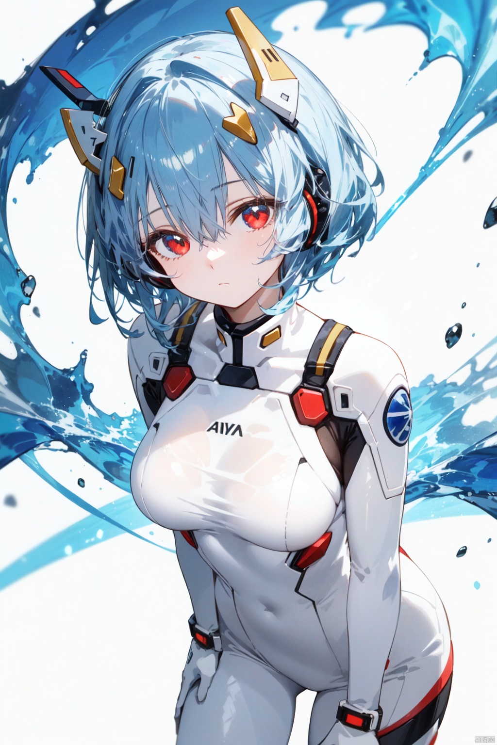  1girl, solo, ayanami rei, plugsuit, blue hair, short hair, red eyes, white bodysuit, bodysuit, white background, breasts, looking at viewer, simple background, interface headset, bangs, closed mouth, hair between eyes, medium breasts