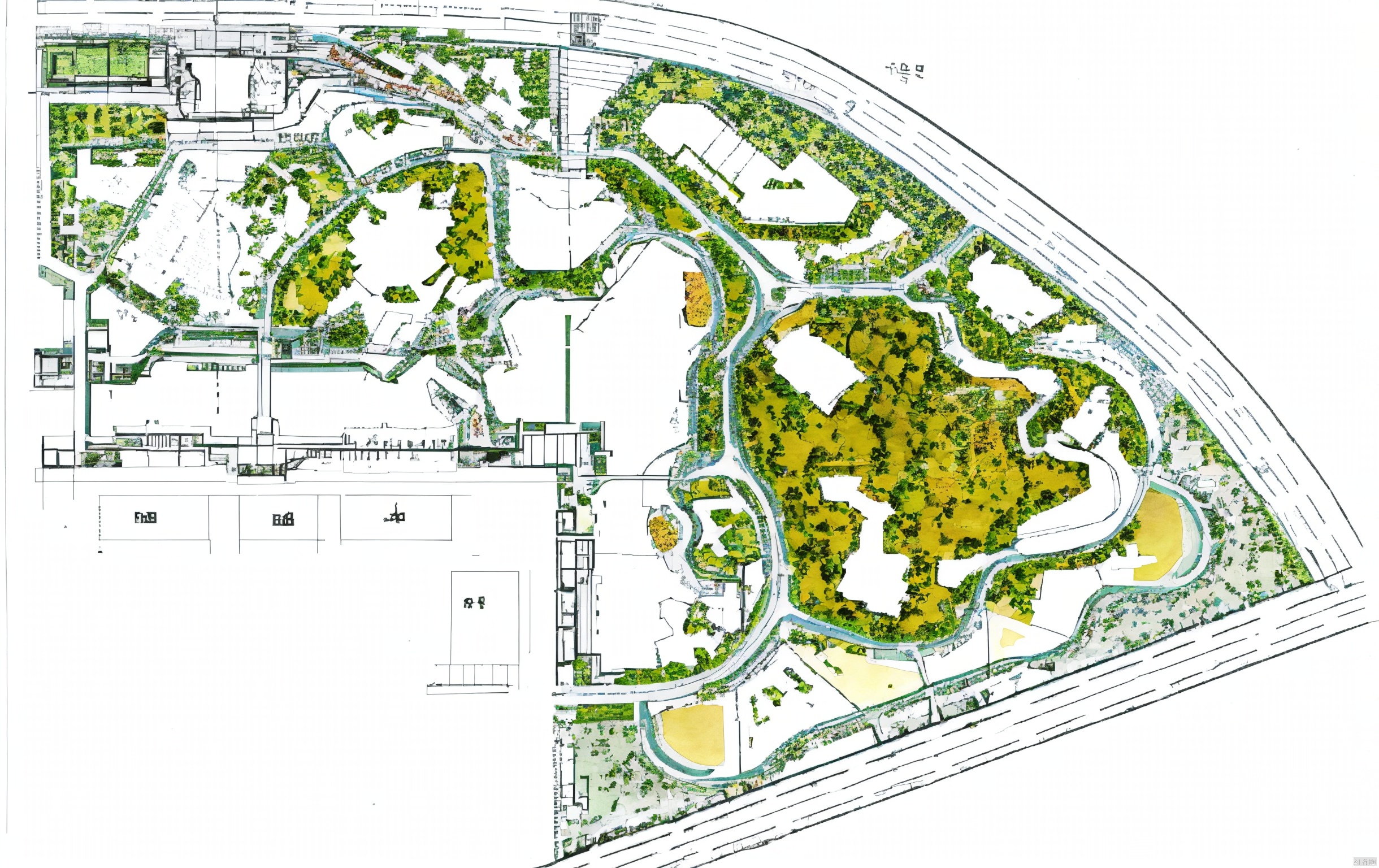 landscape plan, a landscape demonstration area plan with trees, water, roads, buildings, vehicles, and people, Plan view,Landscape Plan, lb2cc, traditional chinese ink painting, hanfu, outdoor, FANTASY