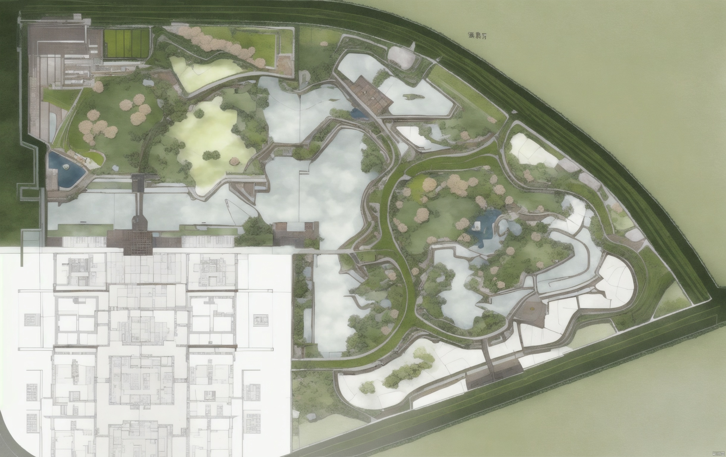landscape plan, a landscape demonstration area plan with trees, water, roads, buildings, vehicles, and people, Plan view,Landscape Plan, lb2cc, traditional chinese ink painting, hanfu, outdoor, FANTASY