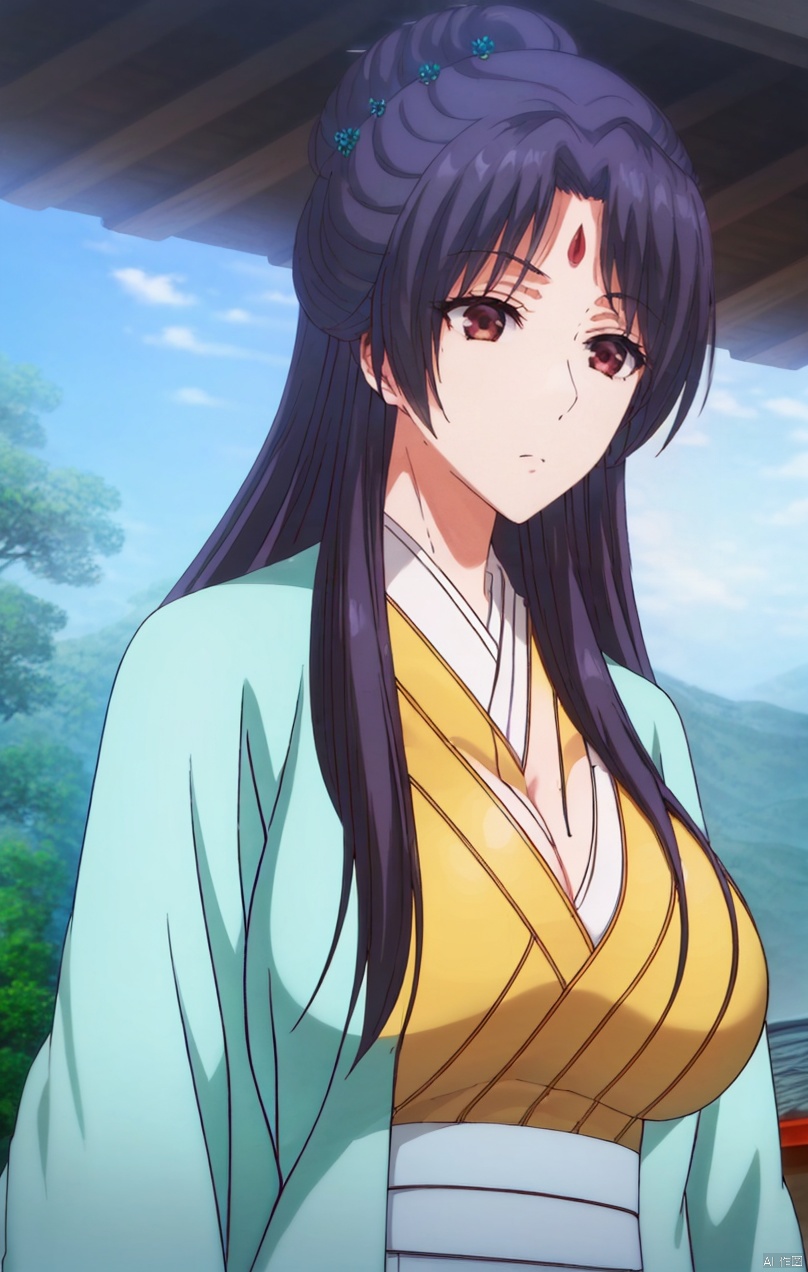 ,huge breasts, A large chest,Wide chest,
(Big breasts 1:3),（Cleavage of breast1:3）
1girl, solo, long hair, black hair, hair ornament, brown eyes,
closed mouth, braid, flower, outdoors, sky, day,
portrait, forehead mark,
Hair bun and garden hairstyle,
Hair bun,Mid cut bangs,
Two circular braids,Silver Hairpin,full_body,light green coat,yellow robe, Hair bun and garden hairstyle,Hair bun,, peiyuhan