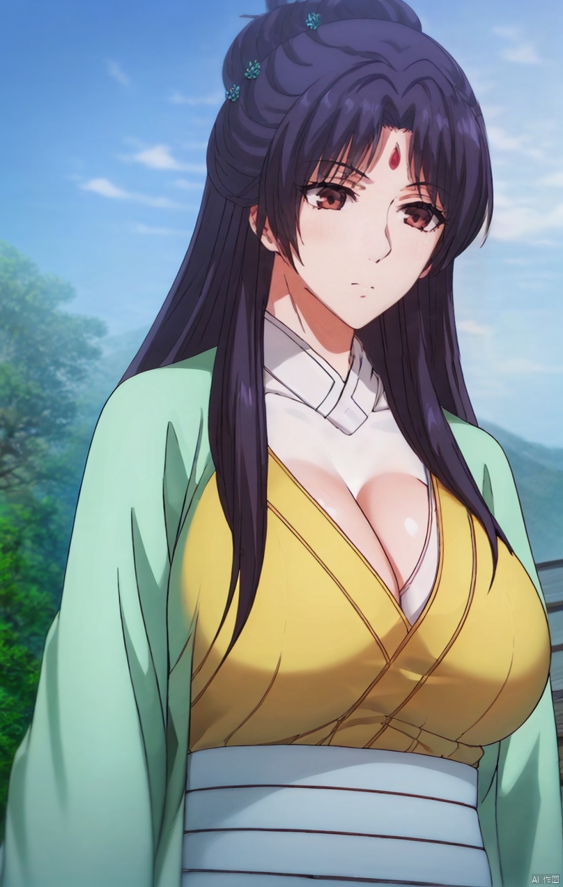 ,huge breasts, A large chest,Wide chest,
(Big breasts 1:3),（Cleavage of breast1:4）
1girl, solo, long hair, black hair, hair ornament, brown eyes,
closed mouth, braid, flower, outdoors, sky, day,
portrait, forehead mark,
Hair bun and garden hairstyle,
Hair bun,Mid cut bangs,
Two circular braids,Silver Hairpin,full_body,light green coat,yellow robe, Hair bun and garden hairstyle,Hair bun,, peiyuhan