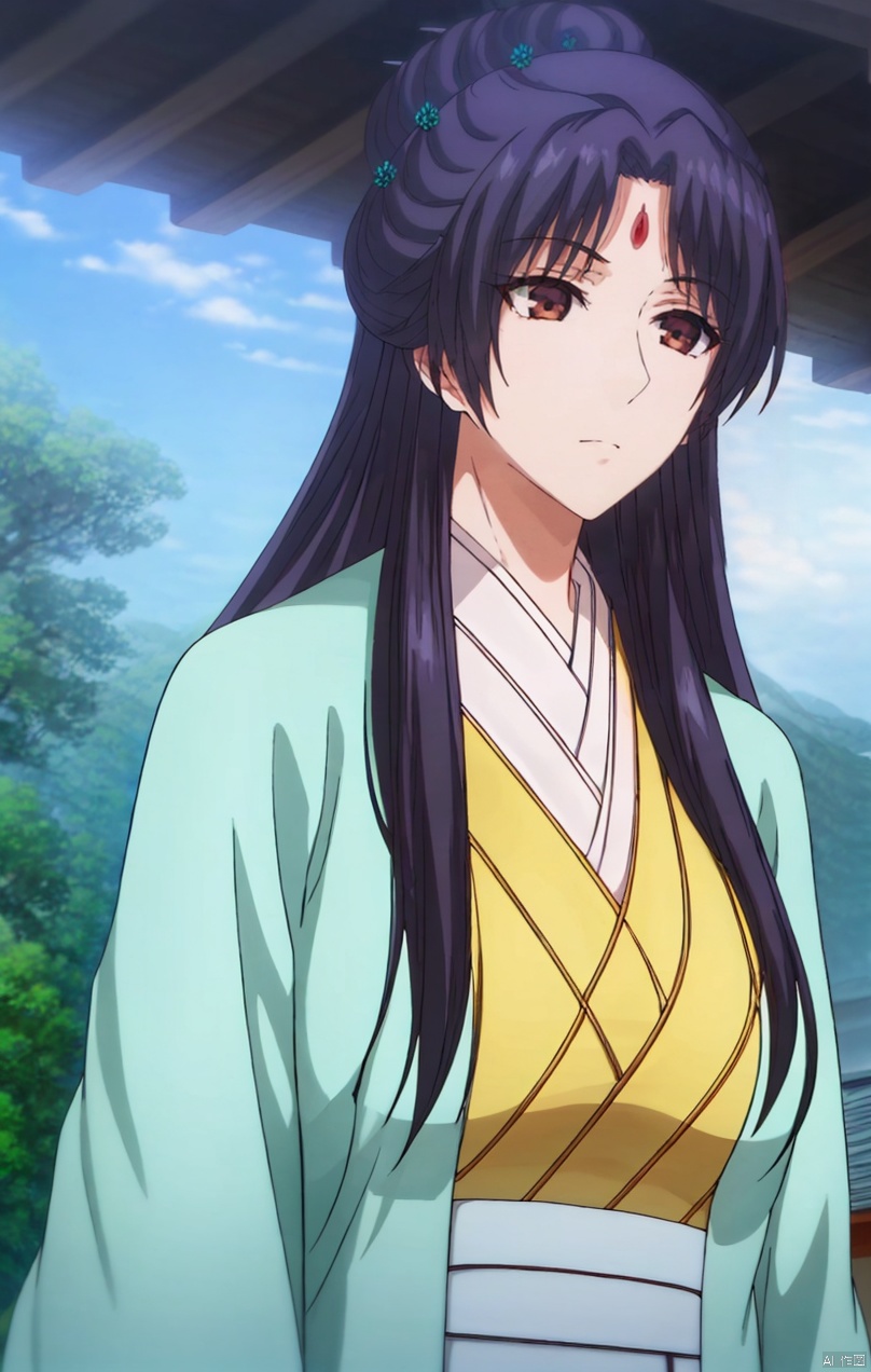,huge breasts, A large chest,Wide chest,
(Big breasts 1:2),（Cleavage of breast1:3）
1girl, solo, long hair, black hair, hair ornament, brown eyes,
closed mouth, braid, flower, outdoors, sky, day,
portrait, forehead mark,
Hair bun and garden hairstyle,
Hair bun,Mid cut bangs,
Two circular braids,Silver Hairpin,full_body,light green coat,yellow robe, Hair bun and garden hairstyle,Hair bun,, peiyuhan