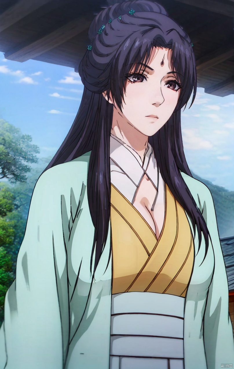 ,huge breasts, A large chest,Wide chest,
(Big breasts 1:2),（Cleavage of breast1:3）
1girl, solo, long hair, black hair, hair ornament, brown eyes,
closed mouth, braid, flower, outdoors, sky, day,
portrait, forehead mark,
Hair bun and garden hairstyle,
Hair bun,Mid cut bangs,
Two circular braids,Silver Hairpin,full_body,light green coat,yellow robe, Hair bun and garden hairstyle,Hair bun,, peiyuhan