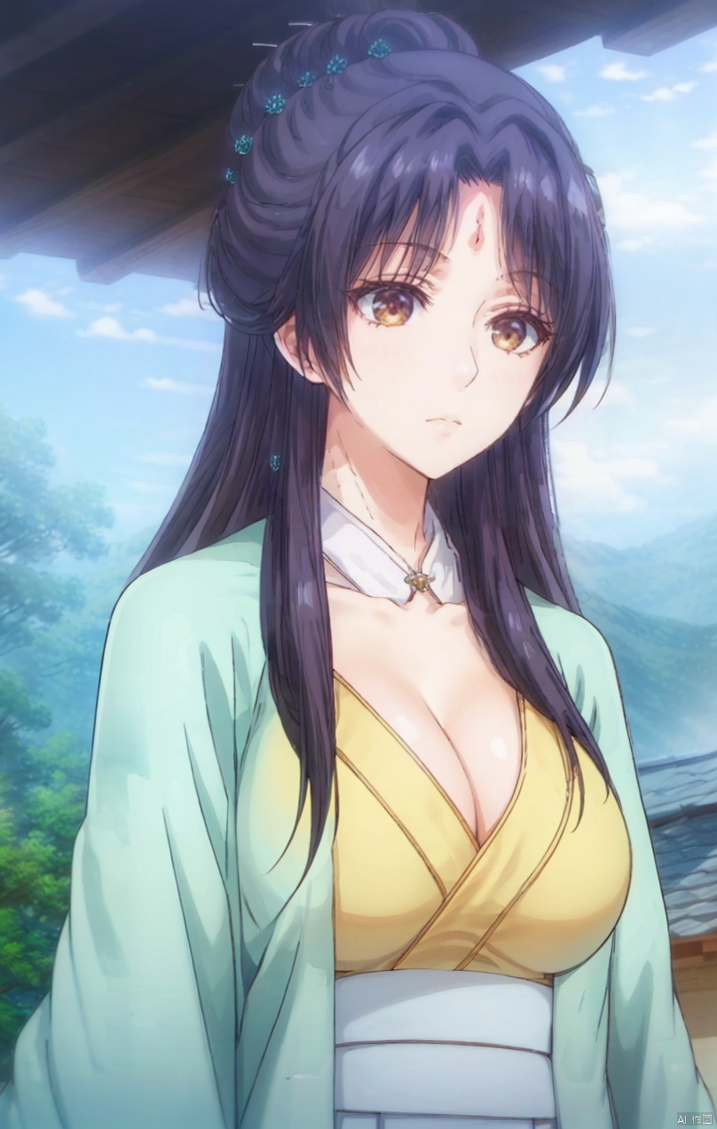 ,huge breasts, A large chest,Wide chest,
(Big breasts 1:2),（Cleavage of breast）
1girl, solo, long hair, black hair, hair ornament, brown eyes,
closed mouth, braid, flower, outdoors, sky, day,
portrait, forehead mark,
Hair bun and garden hairstyle,
Hair bun,Mid cut bangs,
Two circular braids,Silver Hairpin,full_body,light green coat,yellow robe, Hair bun and garden hairstyle,Hair bun,, peiyuhan