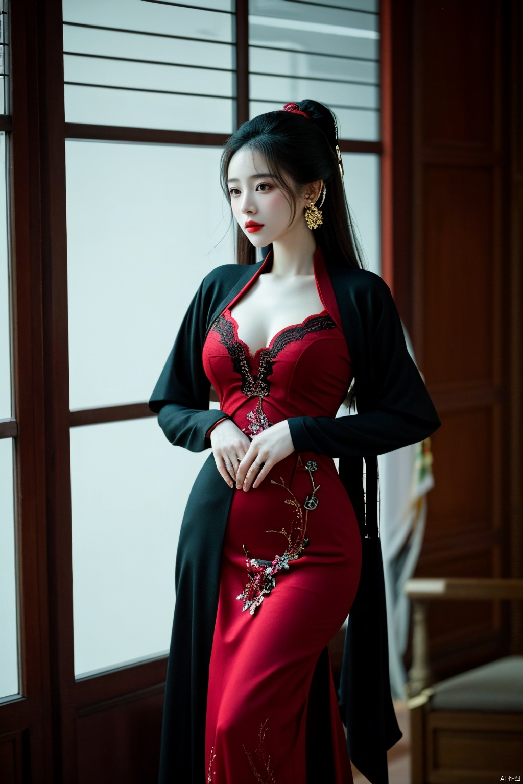  (masterpiece, top quality, best quality, official art, beautiful and aesthetic:1.2),gf-hd, 1girl, solo, hair ornament, jewelry,hanfu dress, red dress, earrings, chinese clothes, brown hair, ribbon, hanfu, red ribbon, shawl, song_hanfu,(big breasts:1.59), ,(full breasts:1.39),monkren, tang_hanfu, weijin_hanfu, qipao_hanfu