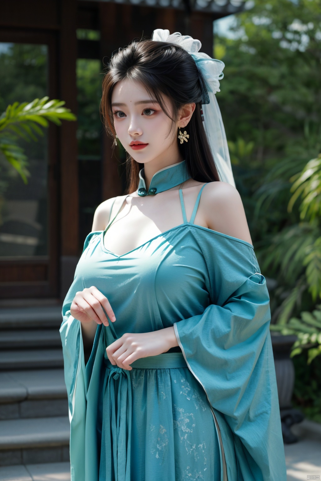  (masterpiece, top quality, best quality, official art, beautiful and aesthetic:1.2),gf-hd, 1girl, solo, hair ornament, jewelry,hanfu dress, long dress, earrings, chinese clothes, brown hair, ribbon, hanfu, red ribbon, shawl,(big breasts:1.59), ,(full breasts:1.39),monkren,qipao_hanfu, Light master
