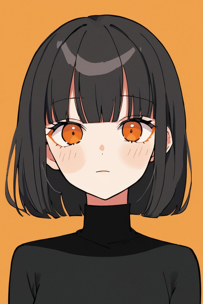 1girl,hair with bangs,black long dress,orange background,,mkup, txznmk,