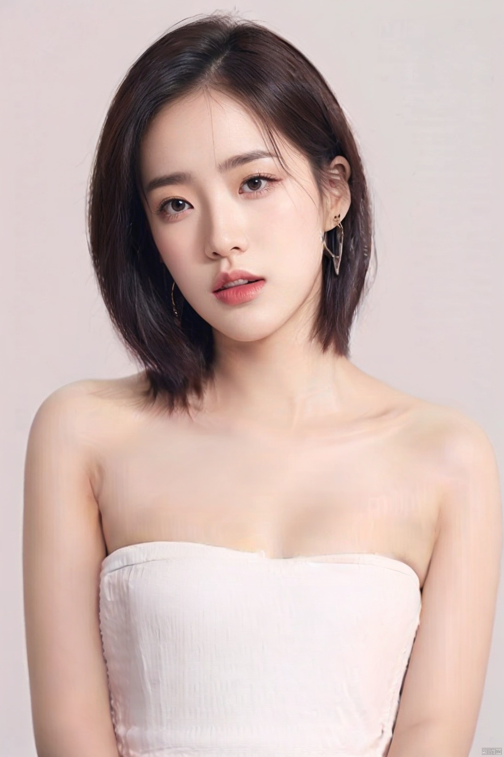  (nsfw),1girl, solo, looking at viewer, short hair, upper body,large breasts,earrings, parted lips, lips, head tilt, strapless,pink dress, realistic,enjing,