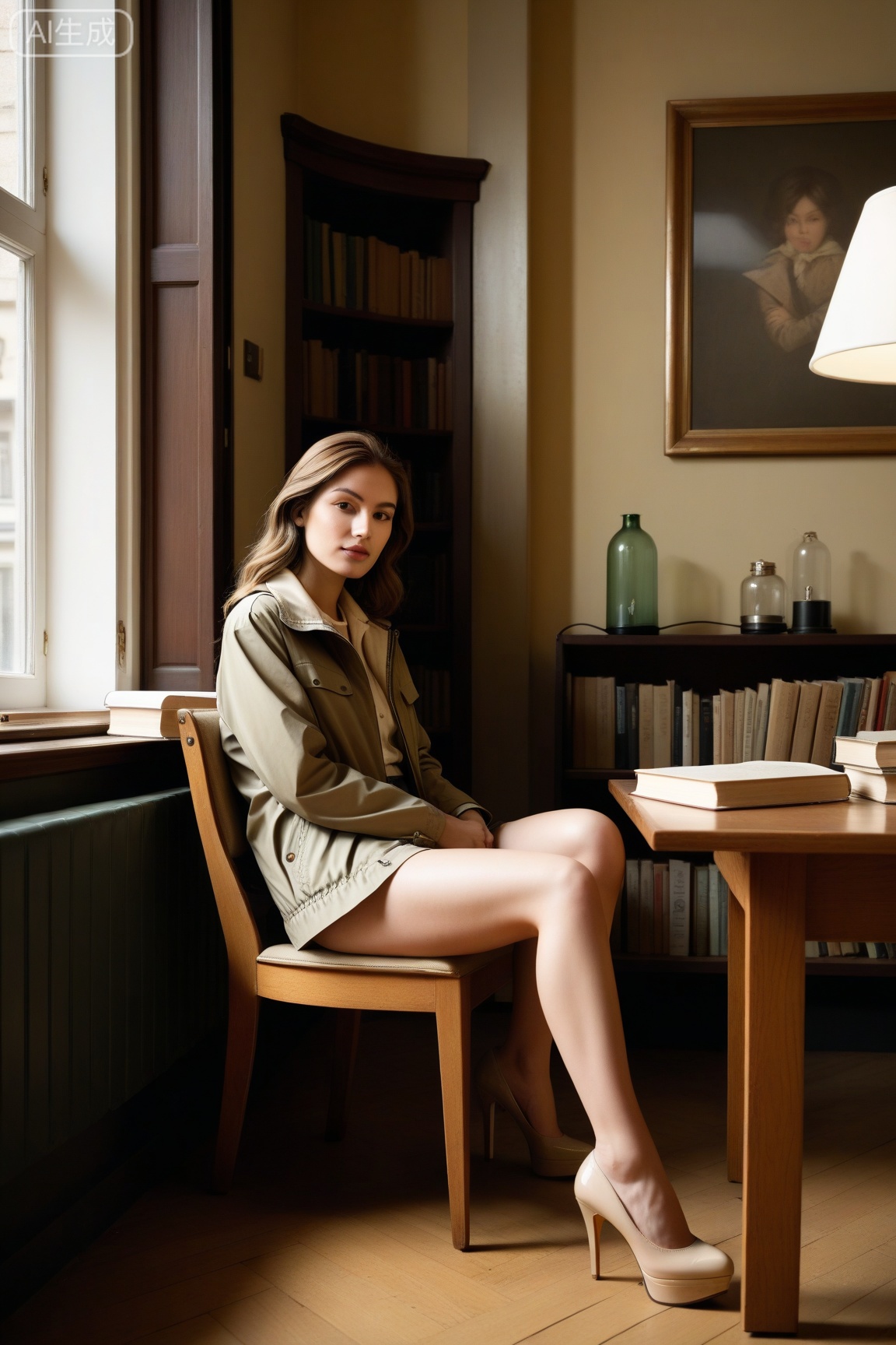 A woman wears a khaki windbreaker and beige high heels, sitting indoors with her legs crossed leisurely. The environment is a Republican-style study room filled with old books and retro lamps, and the wooden furniture has a warm luster. The light is the afternoon sunlight slanting in from the window, casting mottled light and shadow on the wall, rendering a nostalgic and quiet atmosphere. The colors are mainly warm wood and khaki, with a light retro feel. Use the rule of thirds to compose the photo and shoot from a slightly side angle. Using Republican-style filters, the Hasselblad 907X 50C camera is paired with an XCD 45mm f/3.5 lens, with a shutter speed of 1/100s, aperture of f/2.8, and a focal length of 45mm. ,Tall and slim