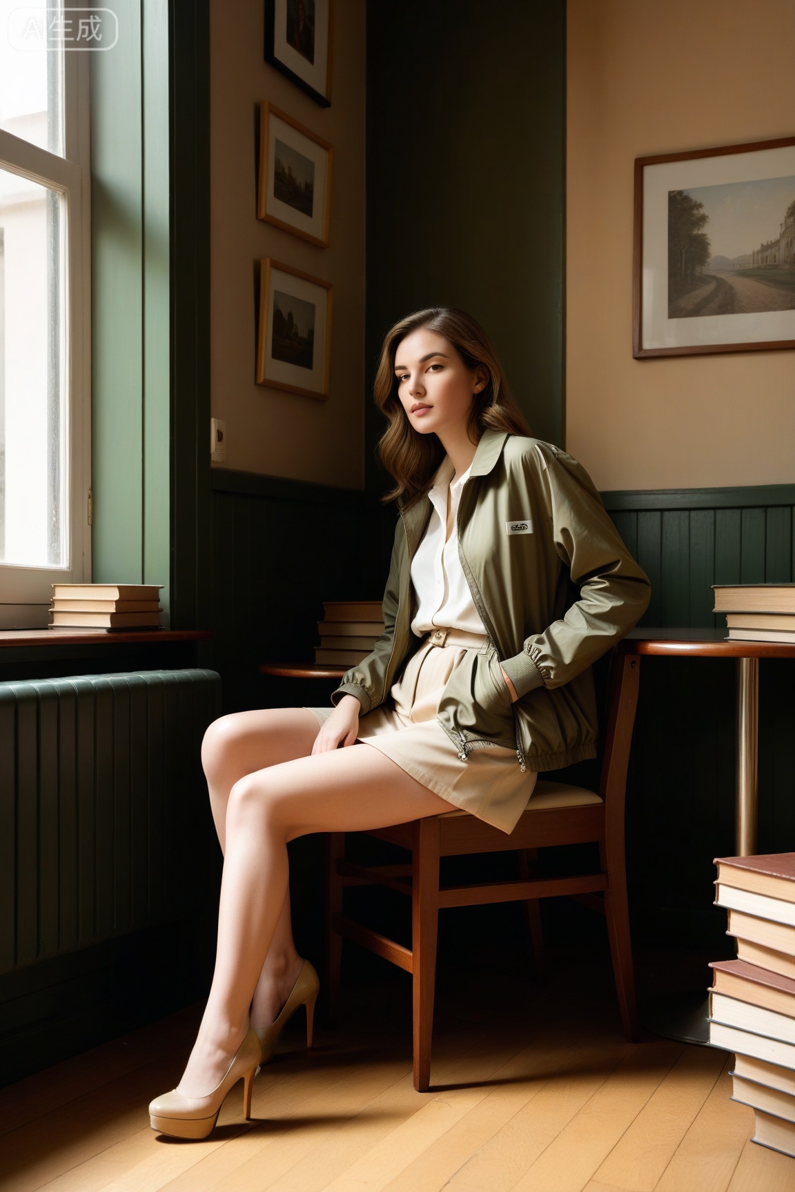 A woman wears a khaki windbreaker and beige high heels, sitting indoors with her legs crossed leisurely. The environment is a Republican-style study room filled with old books and retro lamps, and the wooden furniture has a warm luster. The light is the afternoon sunlight slanting in from the window, casting mottled light and shadow on the wall, rendering a nostalgic and quiet atmosphere. The colors are mainly warm wood and khaki, with a light retro feel. Use the rule of thirds to compose the photo and shoot from a slightly side angle. Using Republican-style filters, the Hasselblad 907X 50C camera is paired with an XCD 45mm f/3.5 lens, with a shutter speed of 1/100s, aperture of f/2.8, and a focal length of 45mm. ,Tall and slim