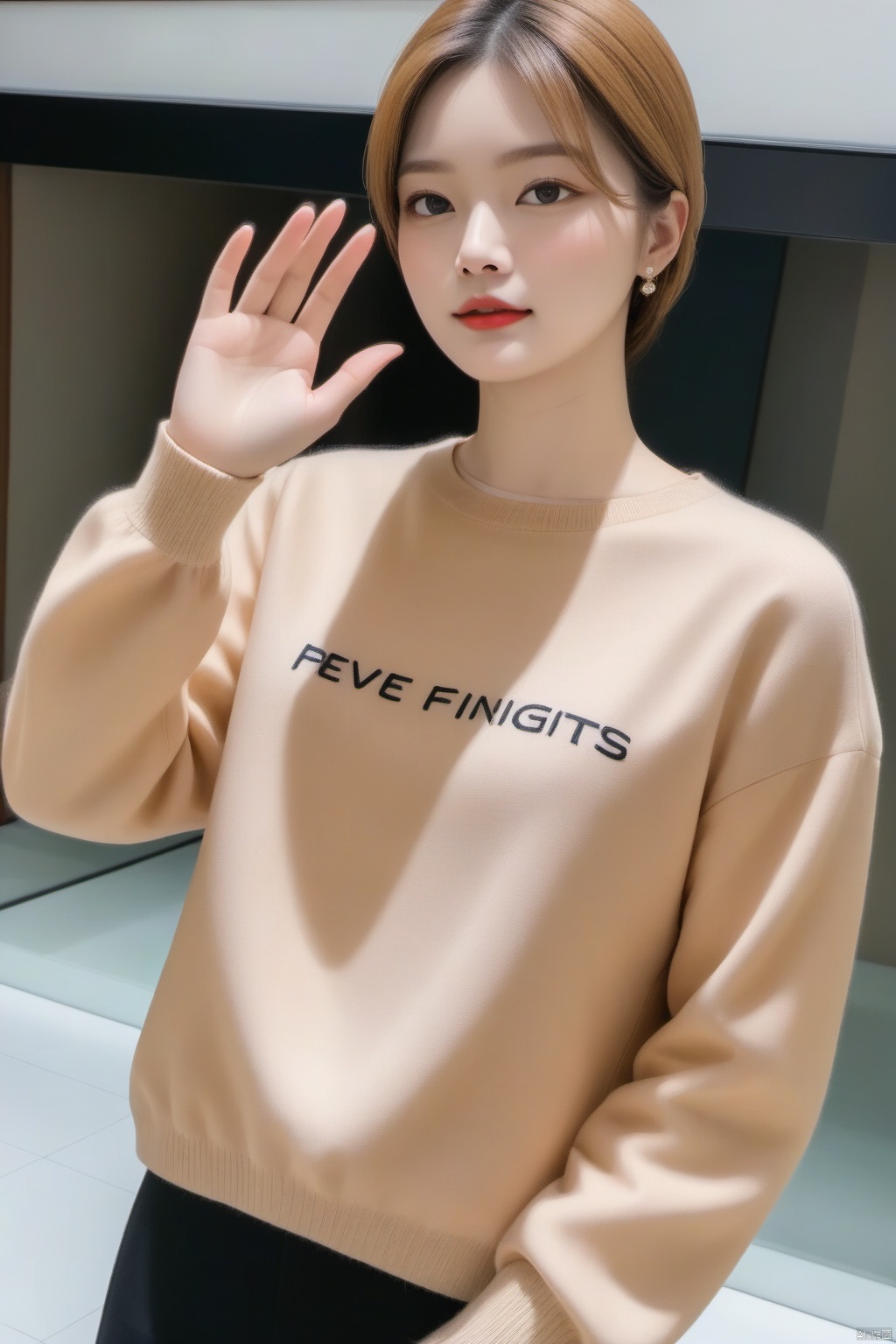  masterpiece,best quality,
nicehand,five fingers,hand, solo, realistic, reflection, close-up, indoors, long sleeves, sweater
