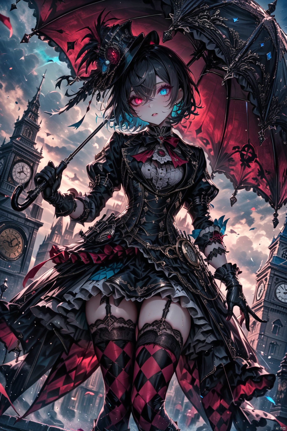  masterpiece, best quality, 1girl, heterochromia, umbrella, solo, thighhighs, hat, red eyes, clock, blue eyes, short hair, gloves, looking at viewer, black hair, holding umbrella, holding, sky, garter straps, dress, black gloves, argyle legwear, clock tower, cloud, outdoors