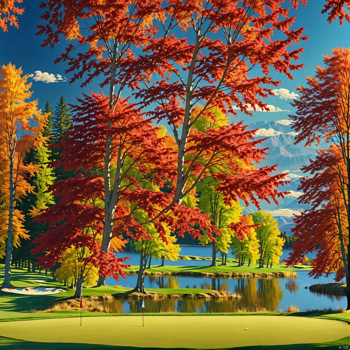  Long Shot ,Lake,
(A maple tree:1),
Maple trees with lush red leaves
Maple trees with fiery maple leaves
The old and vigorous maple tree
Maple trees with green crowns
Maple trees with scattered autumn leaves
There are no leaves at the edges of the image,
The leaves are clearly visible,
Distant mountains, distant forests, nearby golf meadows, central lakes,
﻿blue sky, 
wonderland,Scenery,nature, outdoors, 
vibrant colors, 
Adequate sunlight,reflection, true light and shadow, perfect lighting,Golf Grassland,

no humans,Realistic, 
Overlooking,
Representative,boutique, Masterpiece, Intricate, 
High Quality, Best Quality, 
Ultra HD,high res, 
Full Detail,
,Authenticity,
Take photos,