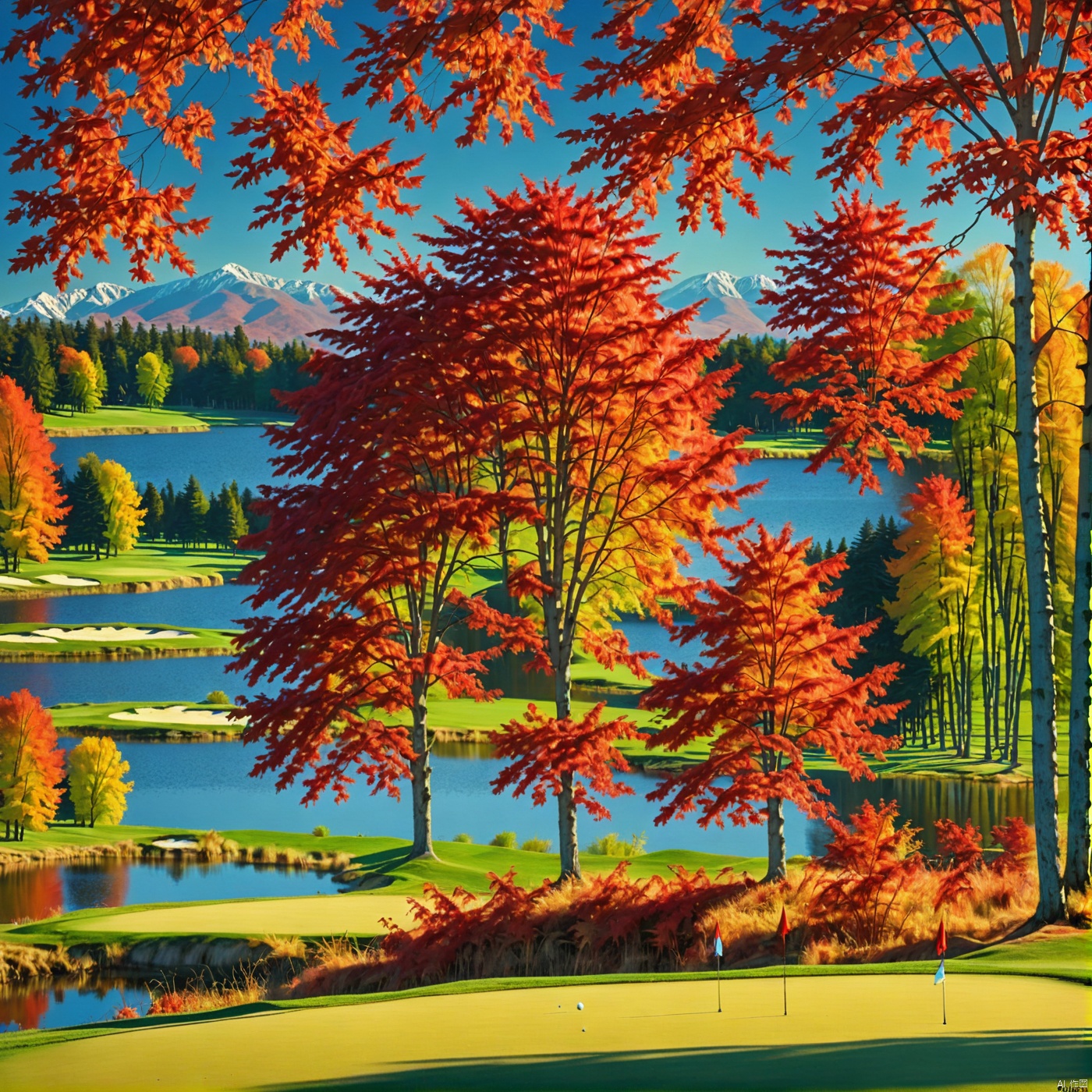  Long Shot ,Lake,
(A maple tree:1),
Maple trees with lush red leaves
Maple trees with fiery maple leaves
The old and vigorous maple tree
Maple trees with green crowns
Maple trees with scattered autumn leaves
There are no leaves at the edges of the image,
The leaves are clearly visible,
Distant mountains, distant forests, nearby golf meadows, central lakes,
﻿blue sky, 
wonderland,Scenery,nature, outdoors, 
vibrant colors, 
Adequate sunlight,reflection, true light and shadow, perfect lighting,Golf Grassland,

no humans,Realistic, 
Overlooking,
Representative,boutique, Masterpiece, Intricate, 
High Quality, Best Quality, 
Ultra HD,high res, 
Full Detail,
,Authenticity,
Take photos,