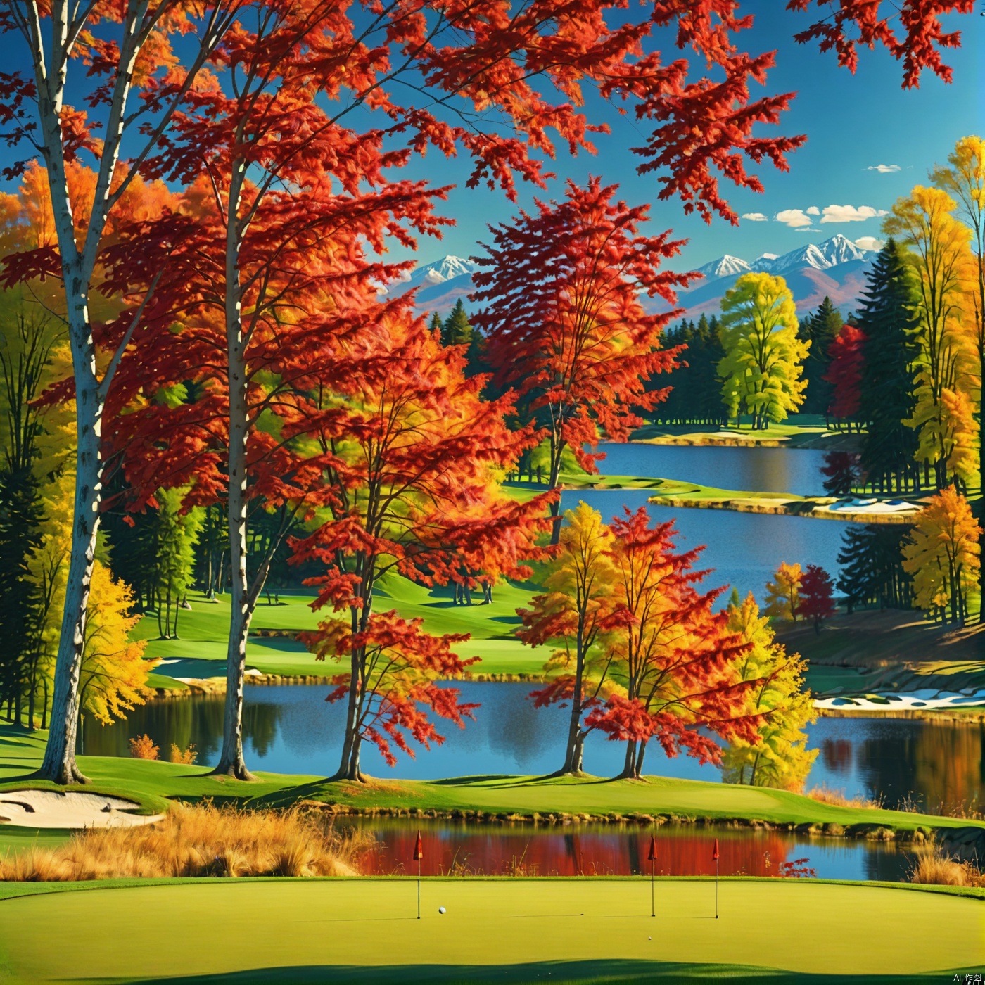  Long Shot ,Lake,
(A maple tree:1),
Maple trees with lush red leaves
Maple trees with fiery maple leaves
The old and vigorous maple tree
Maple trees with green crowns
Maple trees with scattered autumn leaves
There are no leaves at the edges of the image,
The leaves are clearly visible,
Distant mountains, distant forests, nearby golf meadows, central lakes,
﻿blue sky, 
wonderland,Scenery,nature, outdoors, 
vibrant colors, 
Adequate sunlight,reflection, true light and shadow, perfect lighting,Golf Grassland,

no humans,Realistic, 
Overlooking,
Representative,boutique, Masterpiece, Intricate, 
High Quality, Best Quality, 
Ultra HD,high res, 
Full Detail,
,Authenticity,
Take photos,
