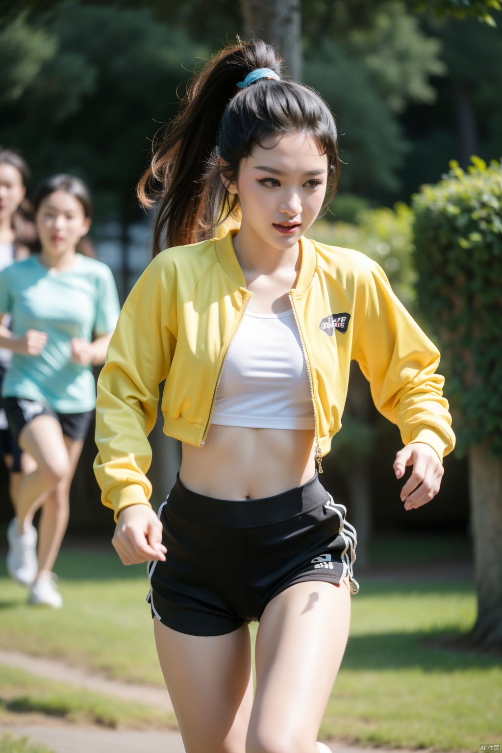 Action shot, Sport quality, (adventure:1.4), action shot, 1girl, yellow jacket, Running in the park, ponytail swaying, tree shadows, midriff, sunny afternoon, in summer, bird's eye view, DSLR photo, high-speed, bokeh, sports photography, 4k, sharp details, sporty girls, nature design, Oil painting.