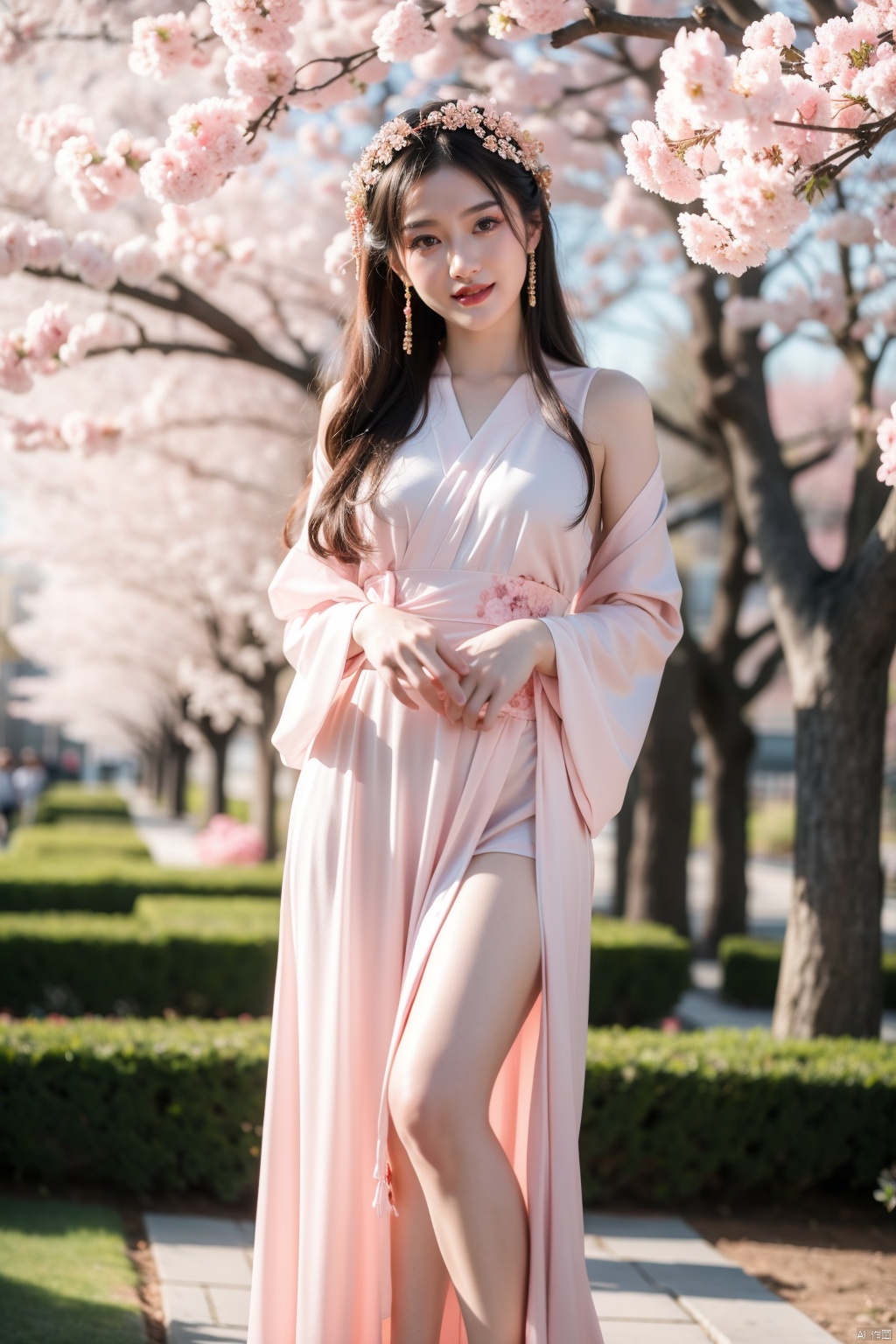 Radiant CG painting, full-body pose (1 girl: 1.2), under a cherry blossom tree, detailed pink petals floating, girl in a kawaii hanfu, hair adorned with flowers, girlish figure highlighted, sparkling eyes, delicate features, cheerful grin, romantic springtime feel, bokeh of blossoms overhead, (sparkling eyes: 1.3), (delicate face: 1.3), (girlish figure: 1.3), (romantic setting: 1.3), (pink hues: 1.2)