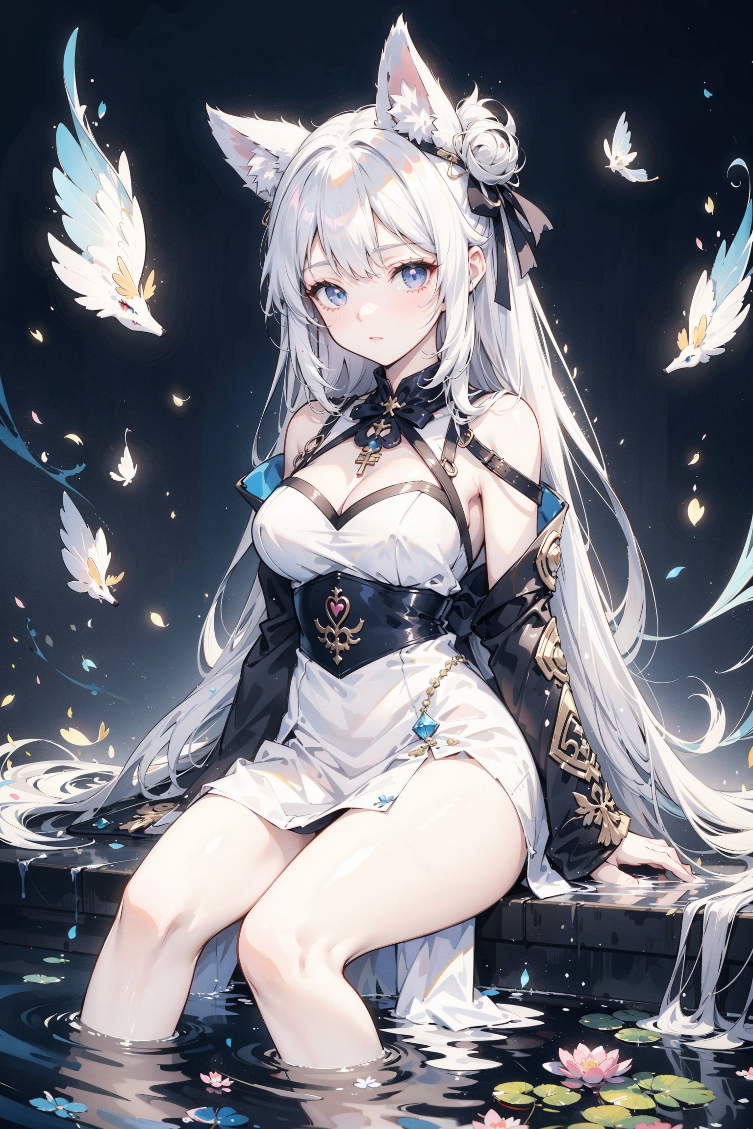 Anime style illustration of woman wearing white dress in pond,  anime goddess,  guweiz on pixiv artstation on Tensor.Art
