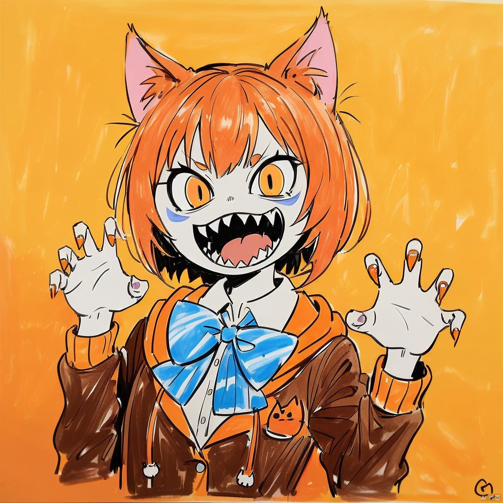  masterpiece,best quality,1girl,solo,animal ears,bow,teeth,jacket,tail,open mouth,brown hair,orange background,bowtie,orange nails,simple background,cat ears,orange eyes,blue bow,animal ear fluff,cat tail,looking at viewer,upper body,shirt,school uniform,hood,striped bow,striped,white shirt,black jacket,blue bowtie,fingernails,long sleeves,cat girl,bangs,fangs,collared shirt,striped bowtie,short hair,tongue,hoodie,sharp teeth,facial mark,claw pose, colored_pencil_drawing,