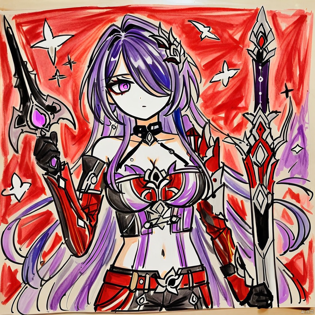 colored-pencil-style, colored_pencil_drawing, masterpiece, best quality, Acheron \(honkai: star rail\),1girl,breasts,purple hair,solo,long hair,shorts,purple eyes,large breasts,navel,short shorts,looking at viewer,black shorts,gloves,choker,black choker,cleavage,midriff,thighs,single bare shoulder,sword,stomach,weapon,crop top,very long hair,black gloves,cowboy shot,coat,hair over one eye,standing,
portrait,upper_body,highres,