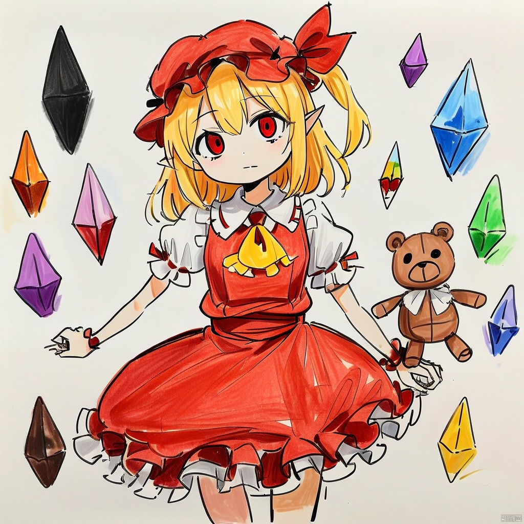  colored_pencil_drawing,masterpiece, best quality, 1girl, flandre scarlet, touhou, hat, mob cap, solo, blonde hair, stuffed toy, red vest, wings, stuffed animal, teddy bear, red eyes, crystal, vest, white headwear, outdoor, short sleeves, one side up, holding, puffy sleeves, skirt, shirt, pointy ears, red skirt, looking at viewer, puffy short sleeves, ascot, yellow ascot, wrist cuffs, white shirt, holding stuffed toy, bow, frills, red bow, collared shirt, ribbon, frilled shirt collar, red ribbon, medium hair masterpiece, best quality, very aesthetic, absurdres