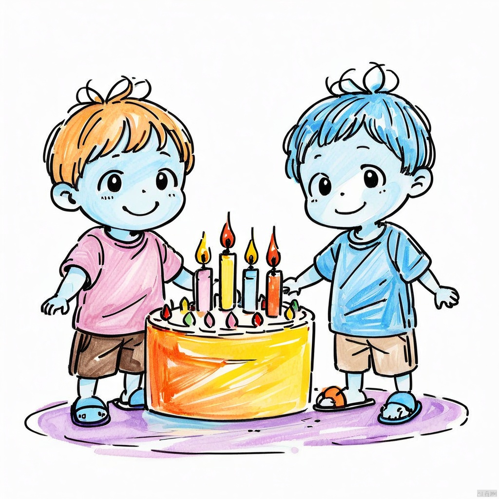  colored_pencil_drawing,masterpiece, best quality,smile, candle, shorts, blue hair, shirt, brown shorts, short hair, short sleeves, closed mouth, sandals, child, multiple boys, 2boys, male focus, siblings, t-shirt, standing, simple background, food, fire, slippers, colored skin, white background, brothers, birthday cake, 1boy, grey background, black eyes, antenna hair, :>