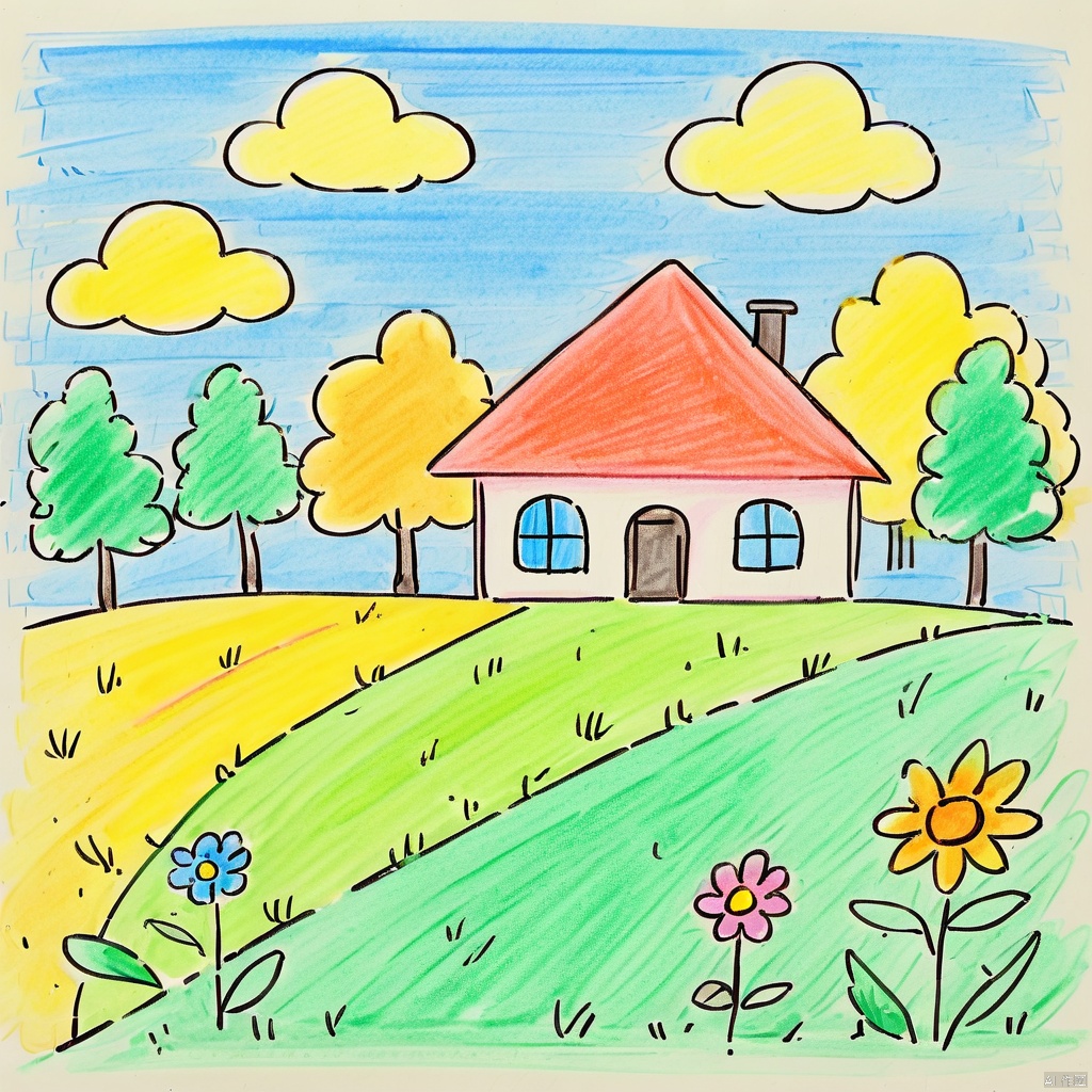  masterpiece, best quality, colored-pencil-style, colored_pencil_drawing, no humans, grass, water, flower, tree, sky, sun, outdoors, house, cloud, scenery, window, building, \(\(\(medium\)\)\), plant, bush, blue sky, sunset