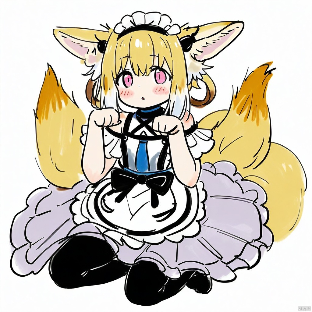  colored_pencil_drawing, (masterpiece),(best quality),1girl,solo,long hair,blush,blonde hair,hair ornament,dress,ribbon,animal ears,sitting,tail,flower,pantyhose,no shoes,hair flower,pink eyes,apron,animal ear fluff,maid,maid headdress,fox ears,fox tail,maid apron,white pantyhose,paw pose,suzuran \(arknights\),Suzuran,white background, colored-pencil-style